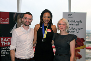 London 2018 Project Manager Craig Jones, model Amal Fashanu and London 2018 Chair Alex Davis